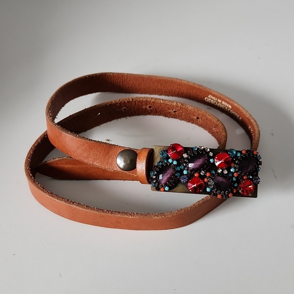 PRIMO EMPERIO | Embellished buckle belt  Italian leather purple red brown